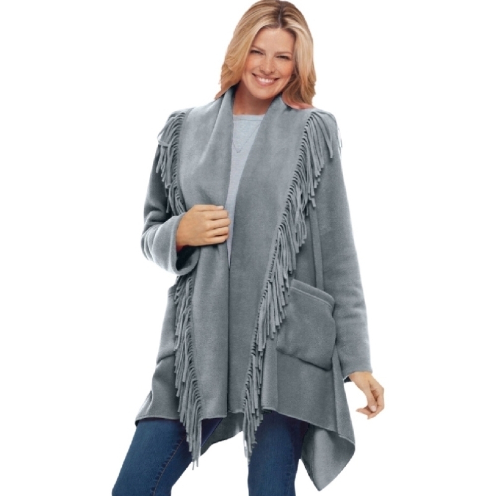 Woman Within Fringed Shawl Collar Snuggly Fleece Jacket Sz 14-16 Open To Offers